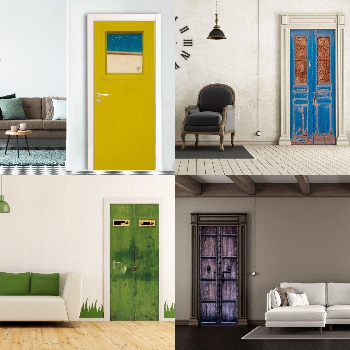 Collage of creative 3D door makeovers showcasing vibrant colors and designs for stylish home renovations.