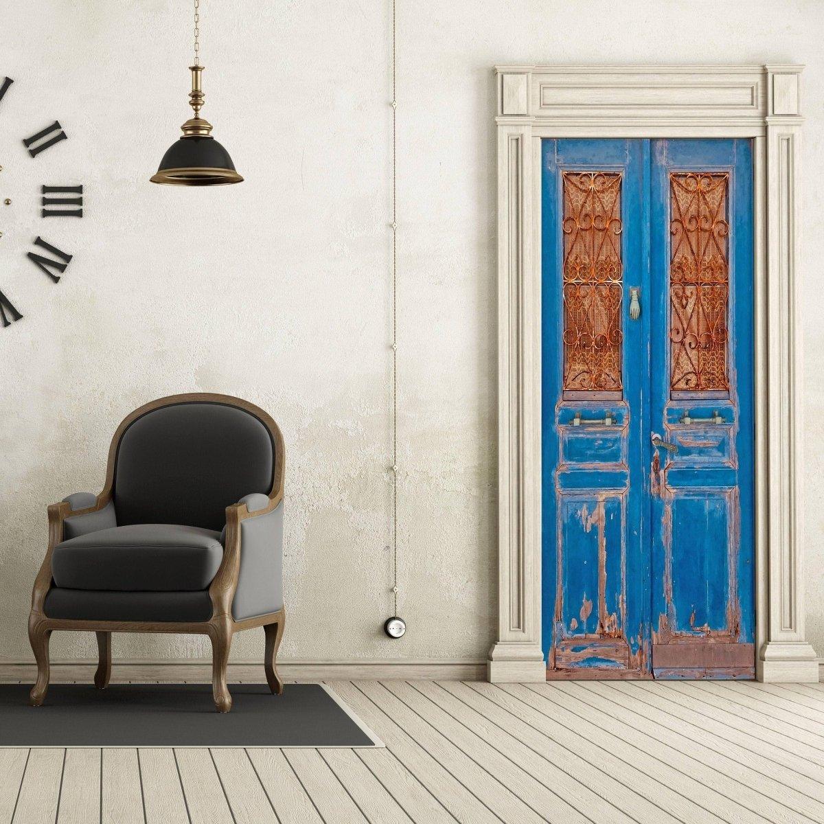 Interior featuring a vintage blue 3D door makeover, modern chair, and stylish clock for a creative home ambiance.