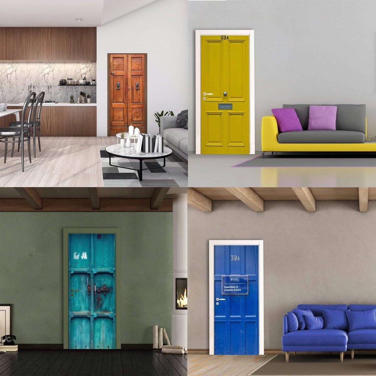 Collage of stylish doors in various colors and designs, showcasing creative door makeovers for home interiors.