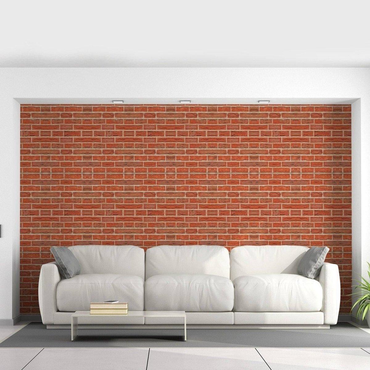 Modern living room with a white sofa against a brick self-adhesive wallpaper wall.