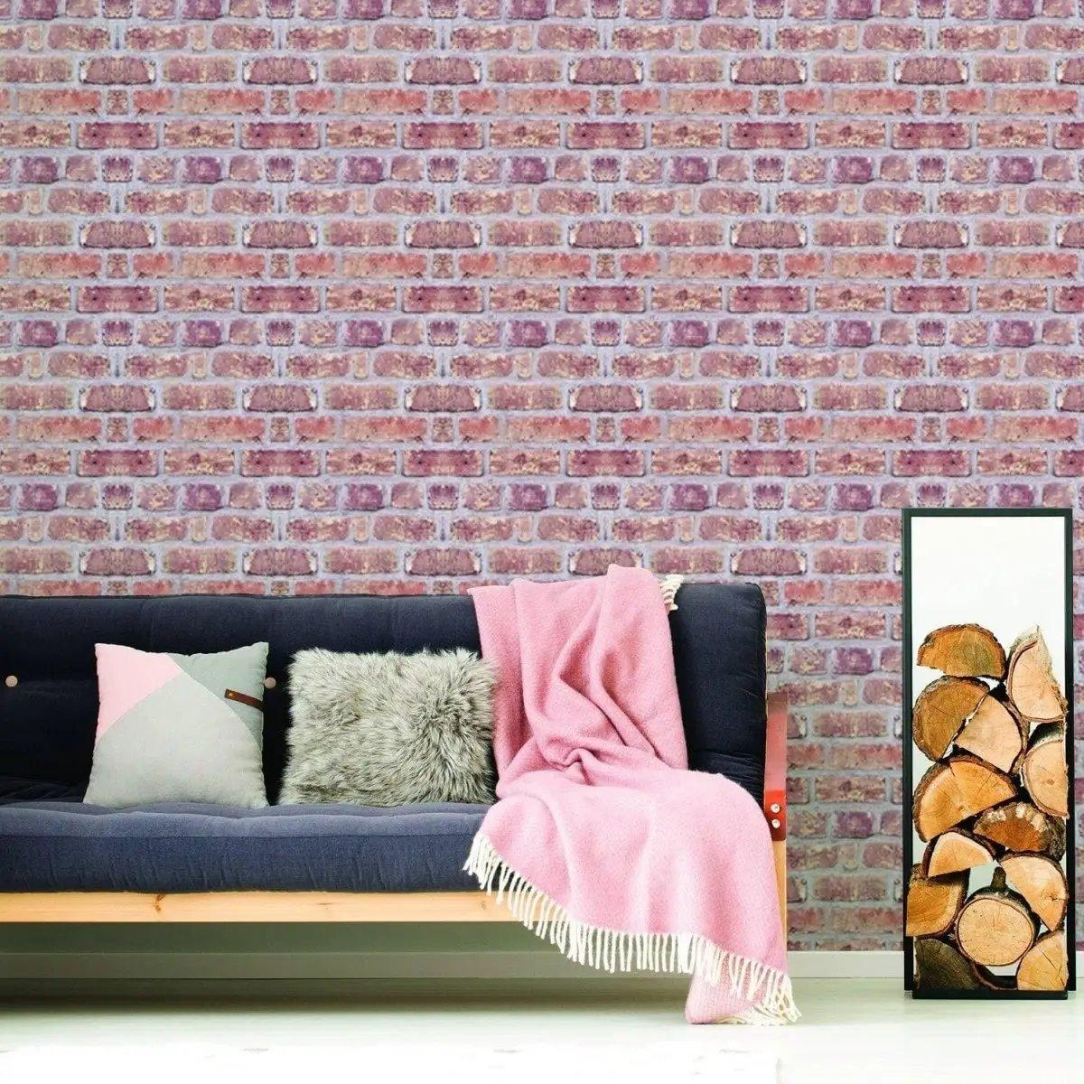 3D brick self-adhesive wallpaper in a stylish living room with a cozy couch and decorative throw.