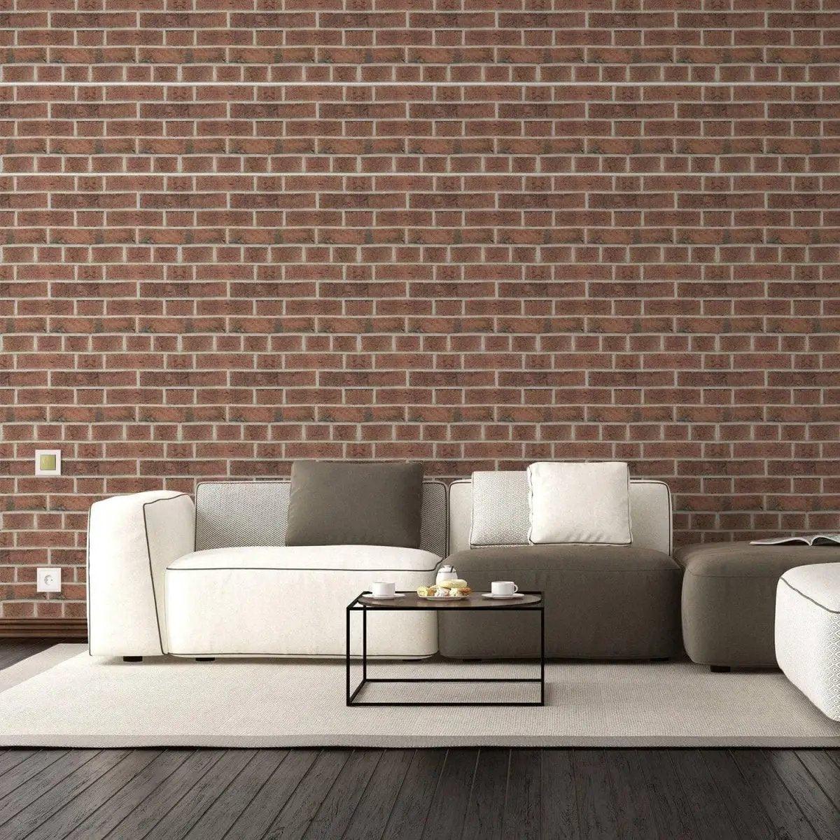 Stylish living room featuring 3D stone wall vinyl wallpaper with modern furniture and cozy decor.