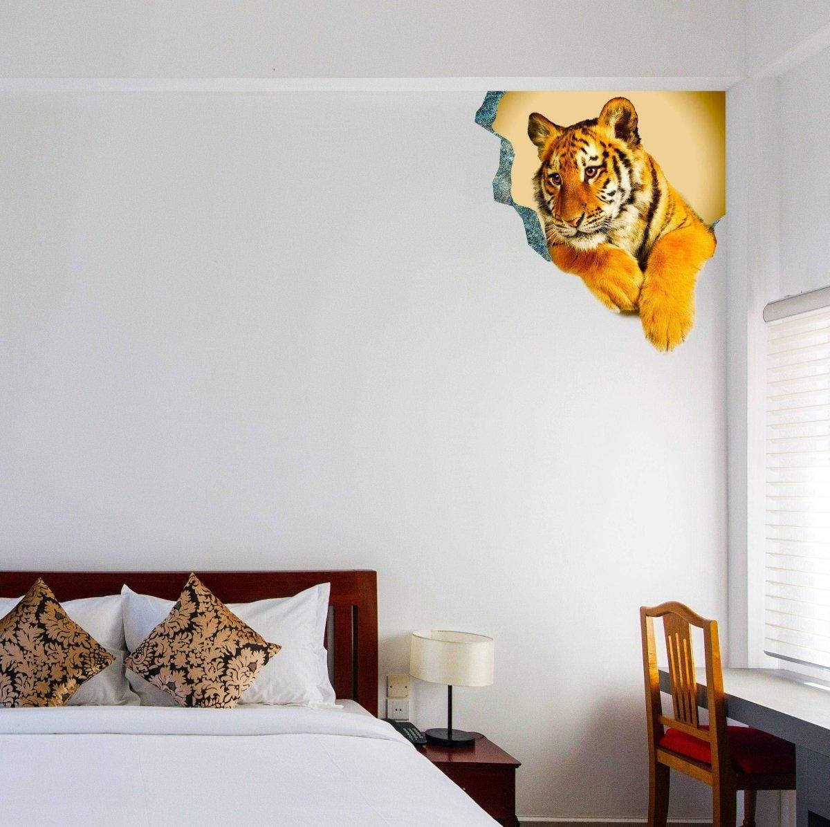 3D tiger wall decal in a stylish bedroom, enhancing decor with an optical illusion effect.