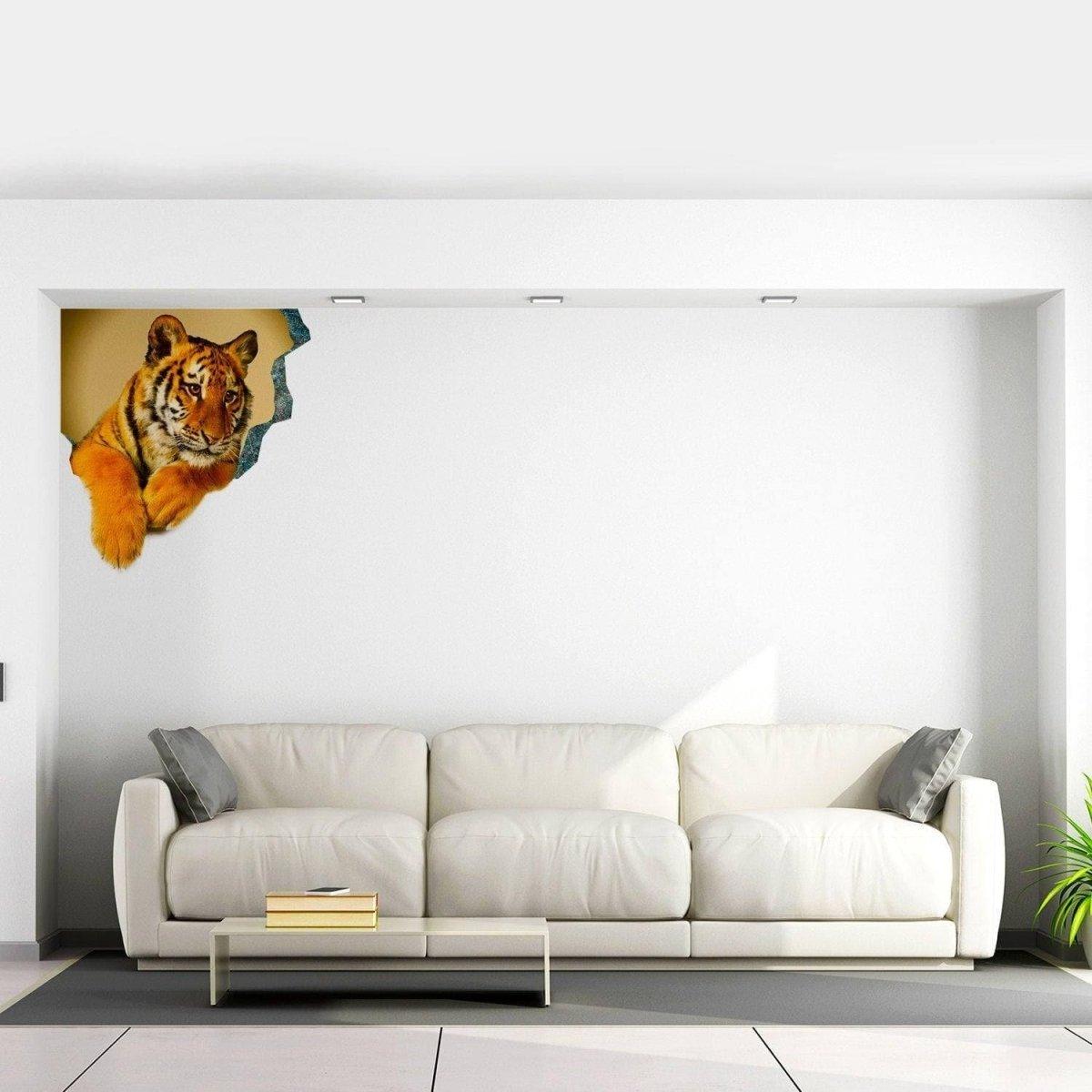 3D tiger wall decal on a white wall above a modern sofa, creating an engaging optical illusion for room decor.