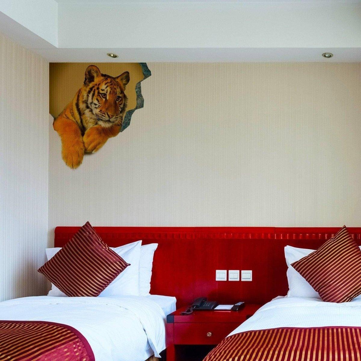 3D tiger wall decal in a stylish bedroom, adding an exciting optical illusion to the decor.
