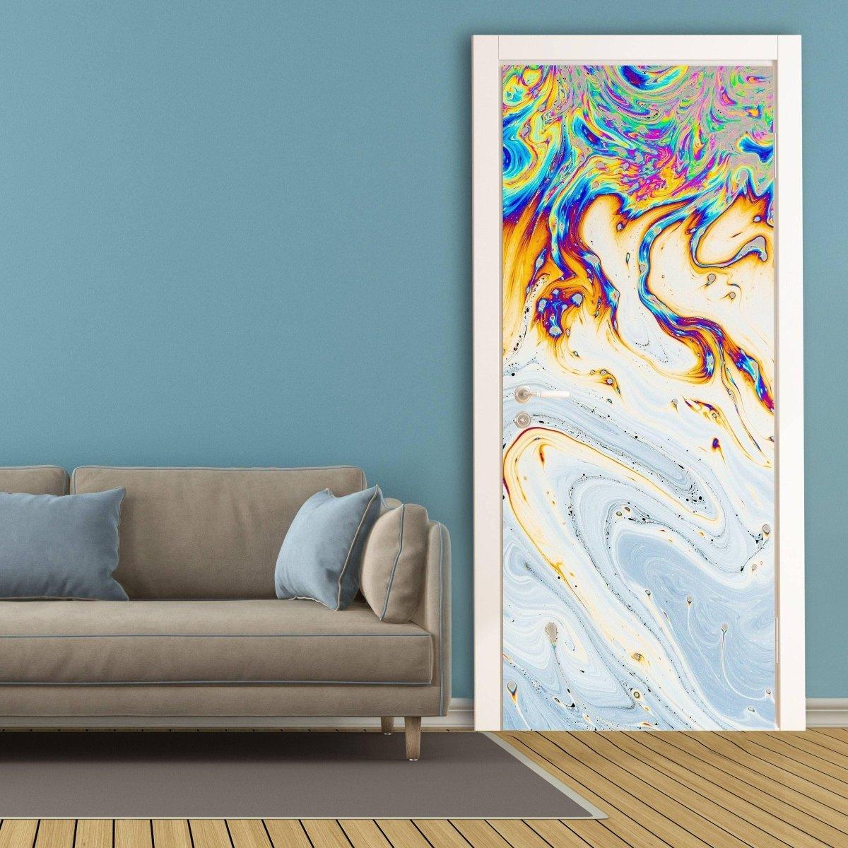Vibrant 3D abstract vinyl door mural sticker on a wall, adding artistic flair to a living room setting.