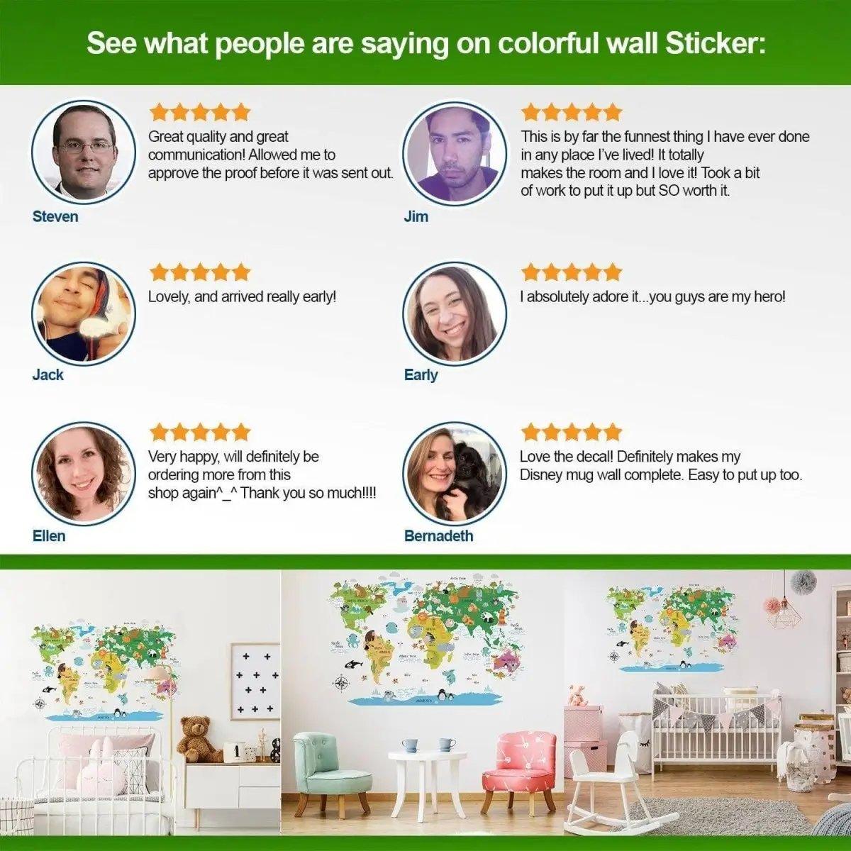 Customer reviews for colorful wall sticker, showcasing positive feedback and ratings from satisfied buyers.