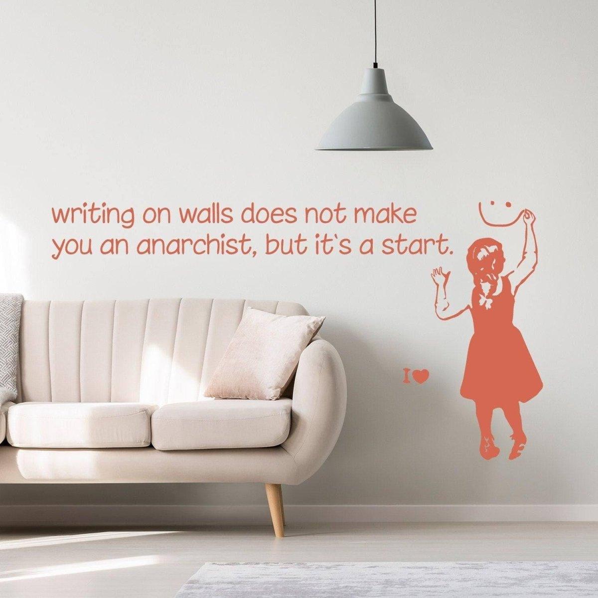 Banksy-inspired wall sticker with quote, girl graffiti art decal in living room, creative home decor.