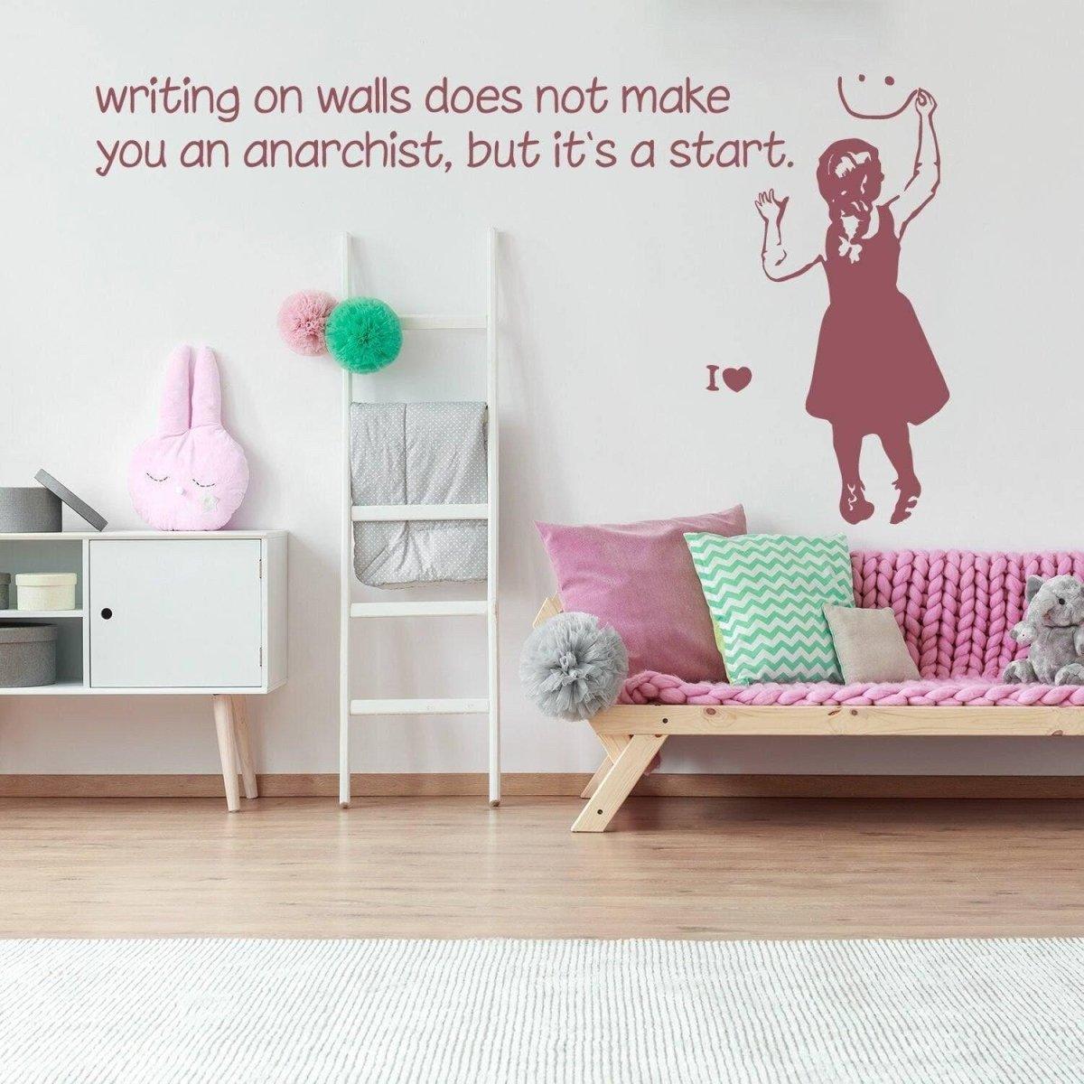 Creative wall sticker featuring text about rebellion and a girl in action, perfect for adding personality to any space.
