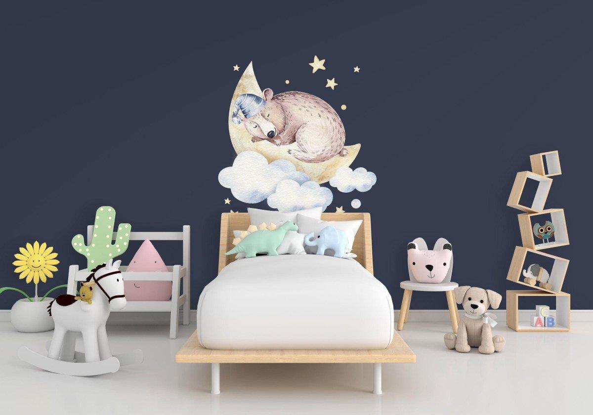 Cloud animal wall decal featuring a bear and moon, perfect for nursery decor, enhancing charm and comfort.