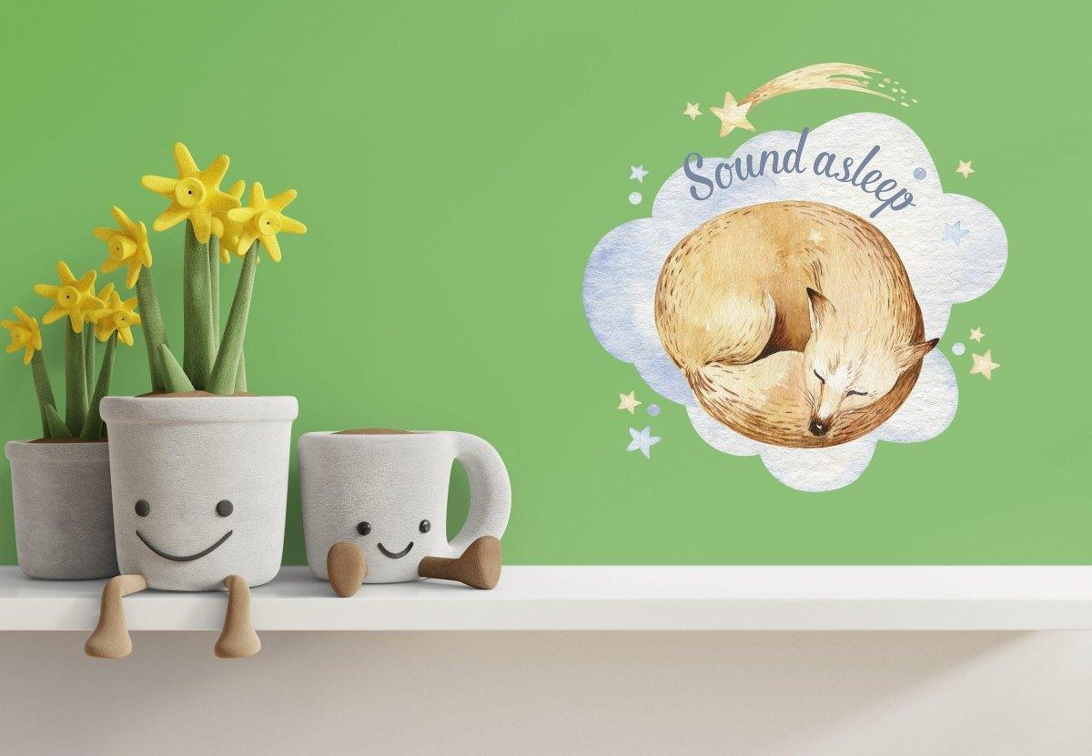 Adorable animal cloud wall decal featuring a sleeping fox with the text 'Sound asleep' and cheerful plant pots.