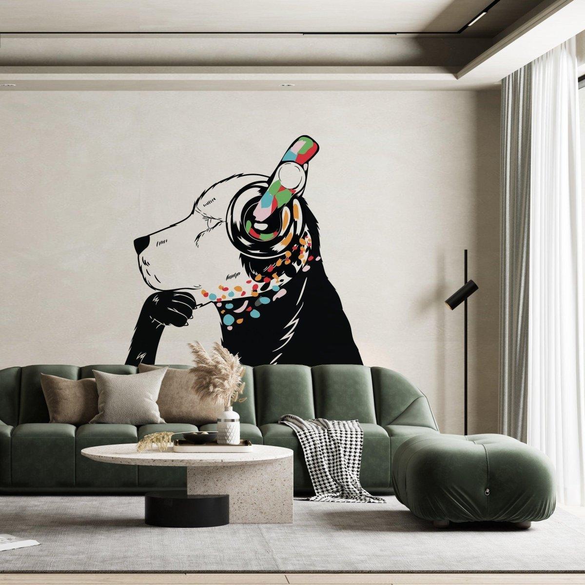 Banksy style dog wall sticker with headphones, vibrant graffiti-inspired canine art in a modern living room setting.