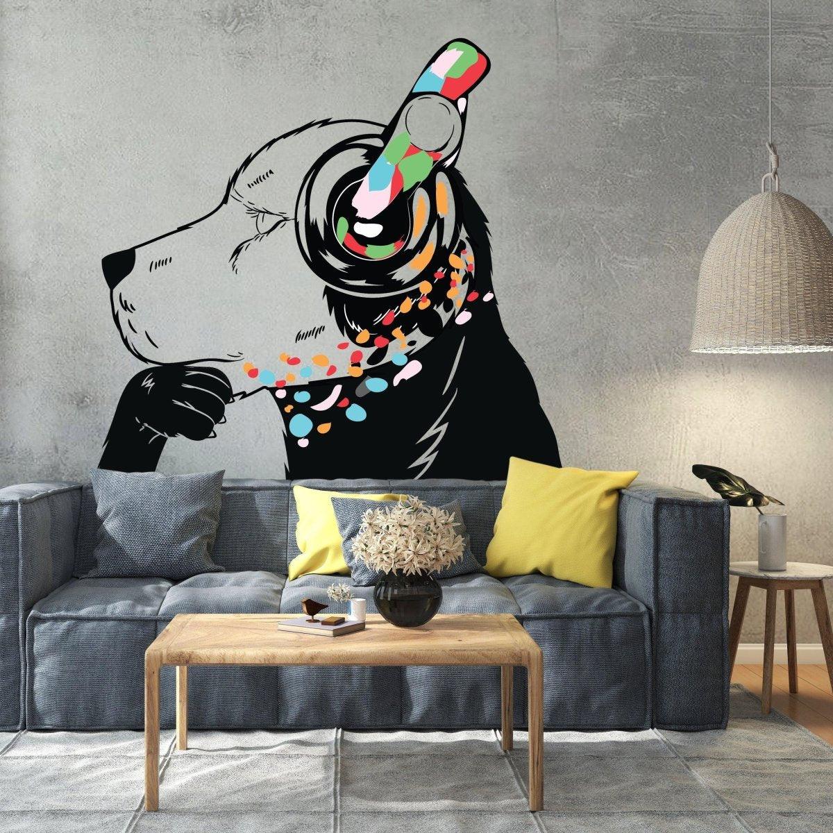 Banksy style dog wall sticker featuring a dog with headphones in a stylish living room.
