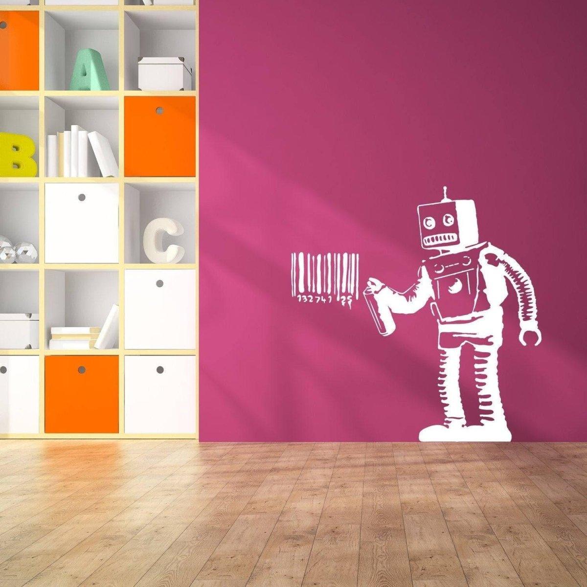 Street art style vinyl decal of a robot painting a barcode on a vibrant pink wall.