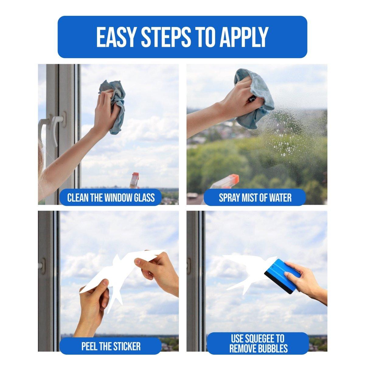 Step-by-step guide to apply bird-safe window decals: clean, mist, peel, and squeegee.