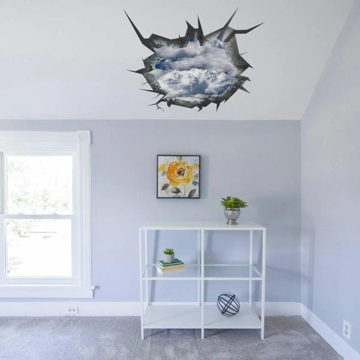 3D ceiling sticker depicting a cracked illusion revealing a cloudy blue sky in a stylish room setting.