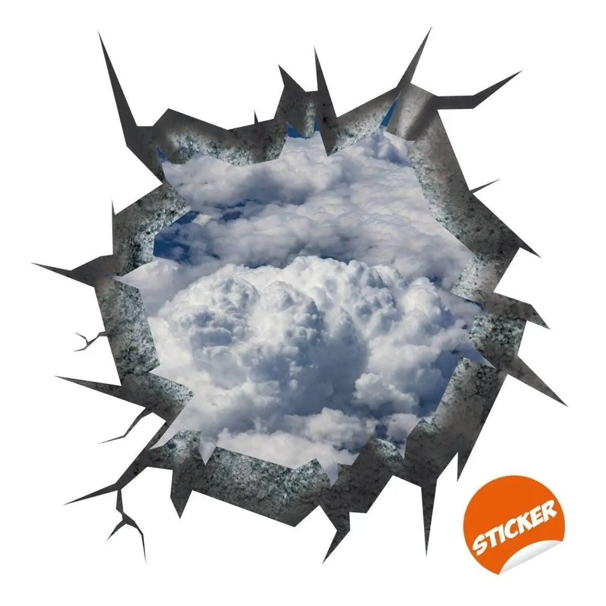 3D ceiling sticker featuring a cracked wall illusion revealing clouds and blue sky, perfect for room decor.