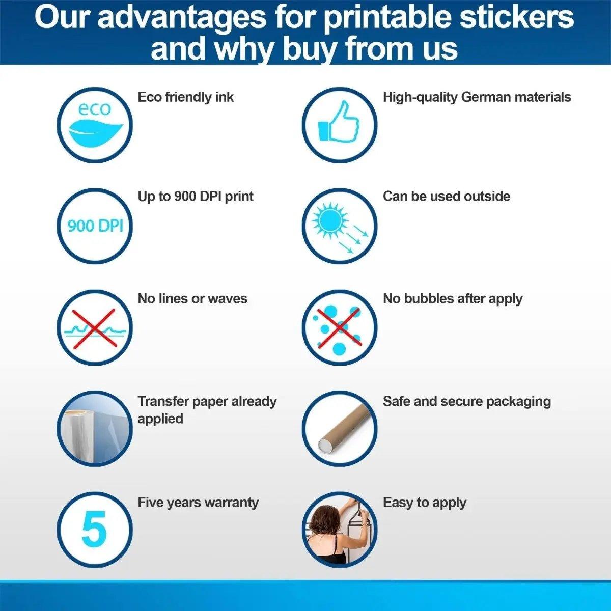 Benefits of our stickers: eco-friendly ink, high-quality materials, 900 DPI print, no bubbles or lines, easy application.