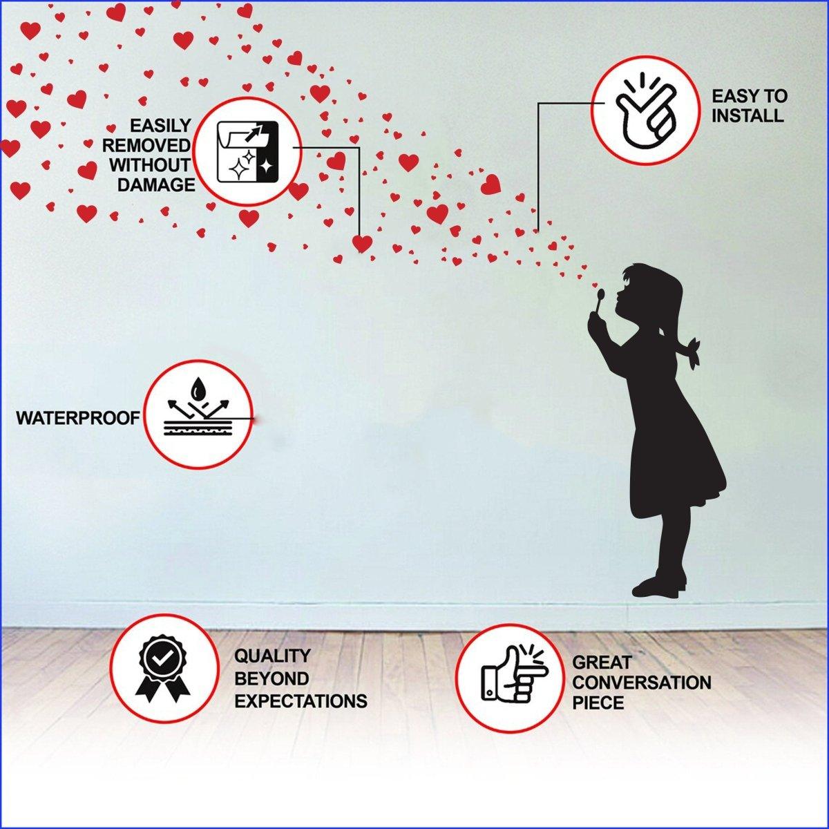 Graffiti art wall decal featuring a girl blowing heart-shaped bubbles, highlighting easy installation and waterproof quality.
