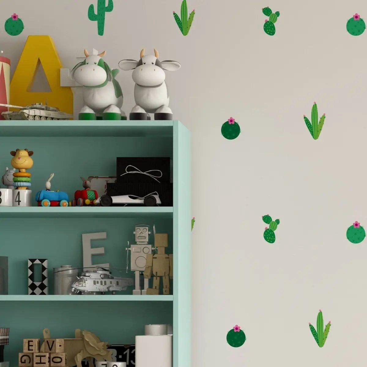 Colorful cactus wall decals adding a lively touch to a playful room with toys and decor.