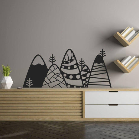 Stylish black mountain wall sticker featuring unique patterns and trees, perfect for modern home decor.