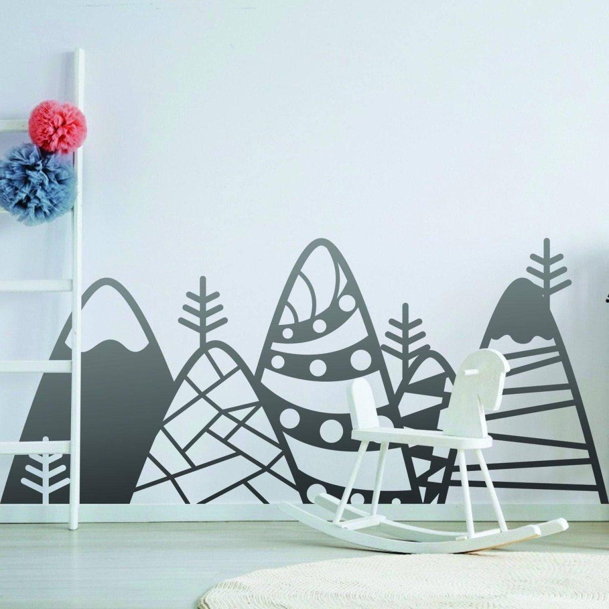 Peaks wall sticker featuring artistic mountain designs in black and white, enhancing modern interior decor.