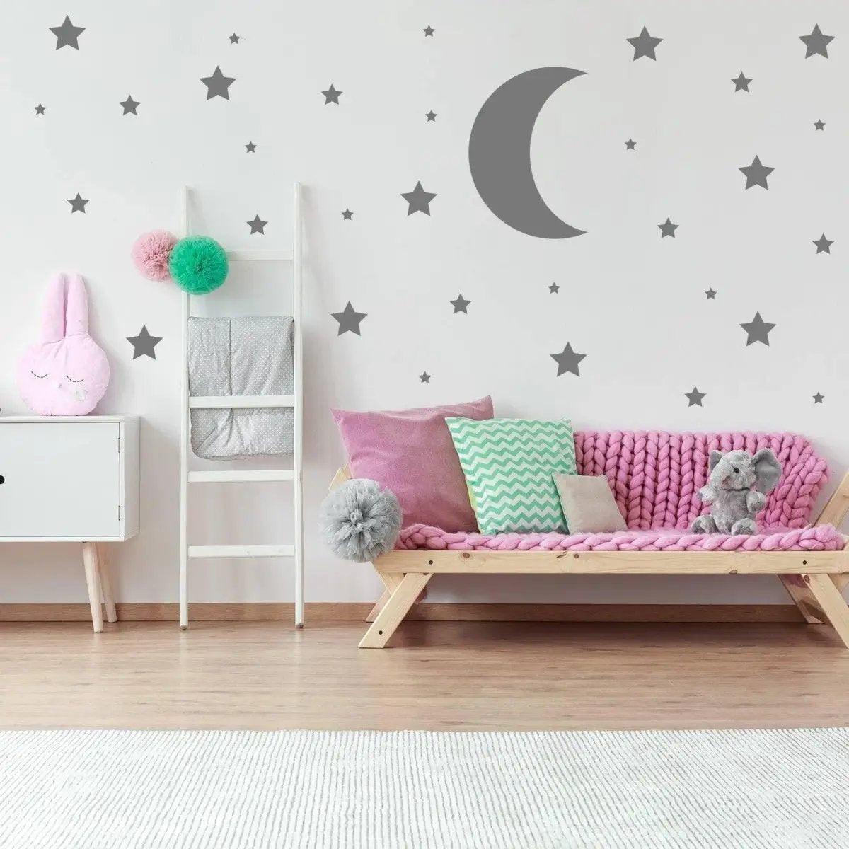 Cozy room with celestial-themed wall stickers, including stars and moon for enchanting decor.