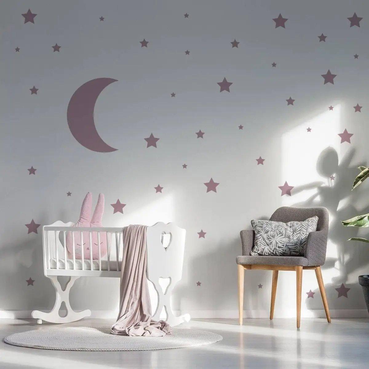 Celestial Dreams wall sticker collection featuring a moon and star decals in a cozy nursery setting.