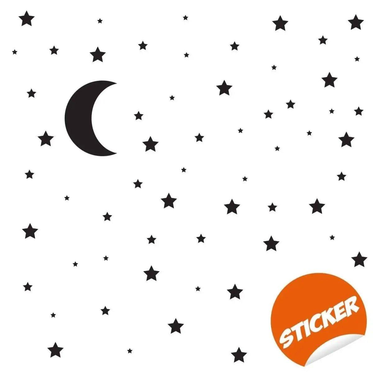 Celestial Dreams wall stickers featuring black moon and star decals on a white background.