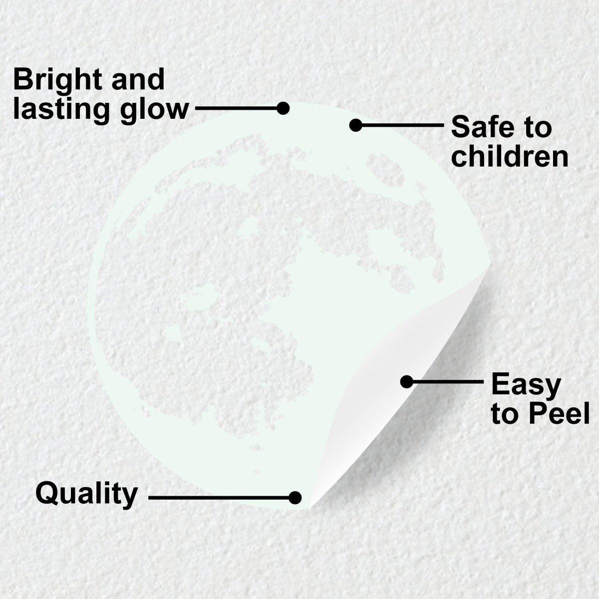 Glow-in-the-dark moon sticker features: bright glow, child-safe, easy to peel, and high-quality.