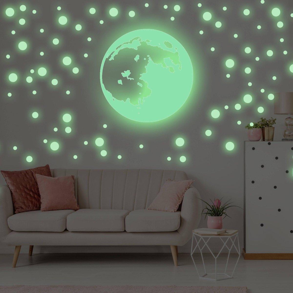 3D celestial glow wall sticker set featuring a glowing moon and round stars in a cozy living room setting.
