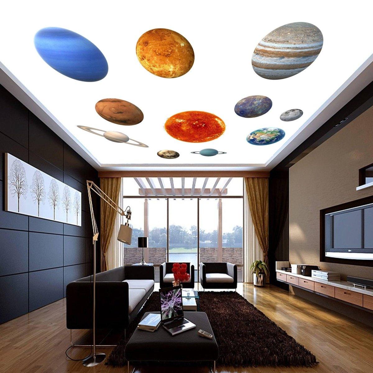 Colorful solar system wall decals featuring planets on a ceiling in a modern living room.