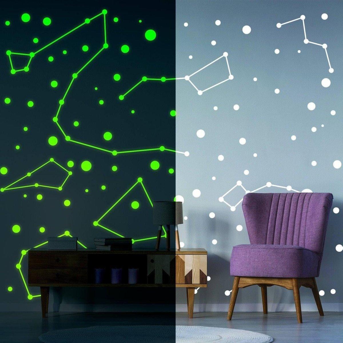 Glow-in-the-dark zodiac star wall decals in a child's room, featuring constellations and stars on a lively wall.