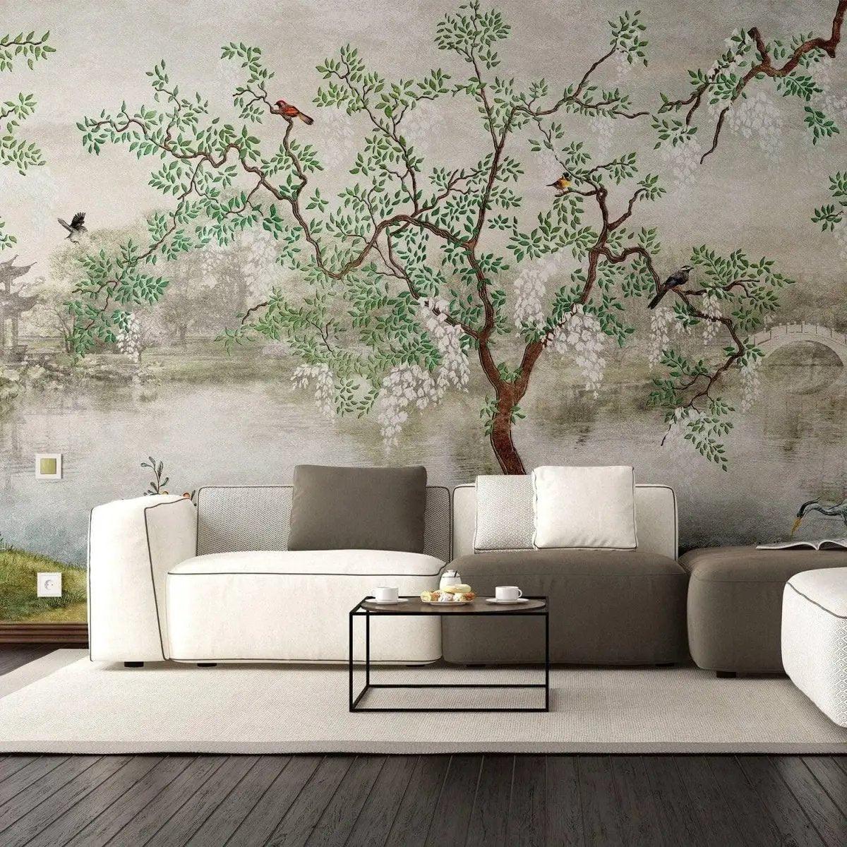 Oriental landscape wall mural featuring a serene tree design, enhancing modern home decor with natural beauty.