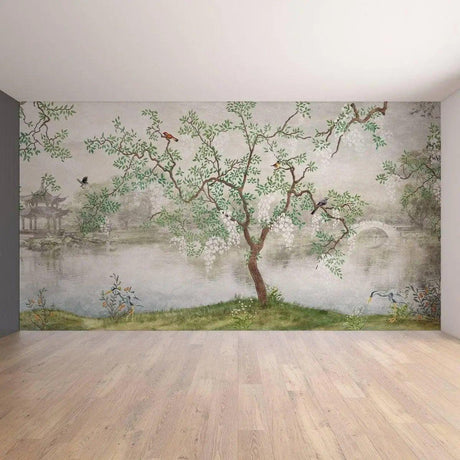 Dreamy Chinese garden wall mural featuring a serene landscape with trees and a river, perfect for home decor.
