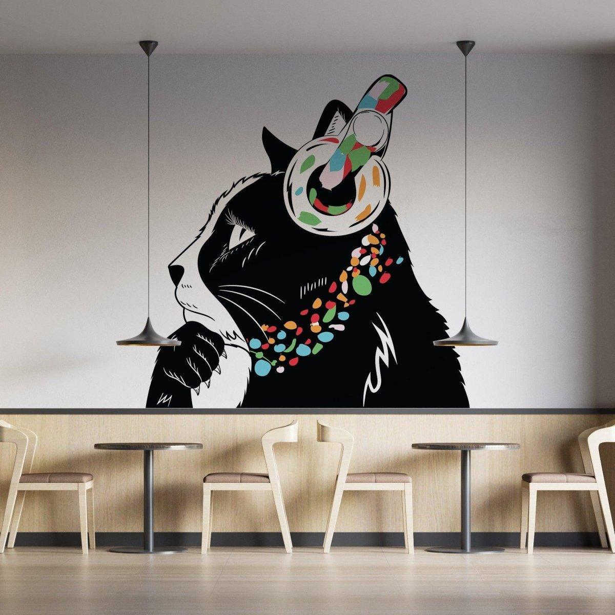Vinyl wall decal of a DJ kitten with headphones, adding a playful music vibe to interior decor.