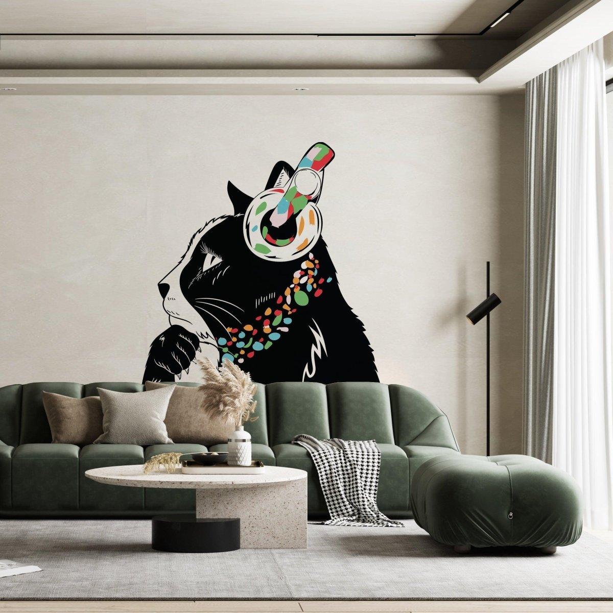 Urban art style feline wall sticker decal featuring a contemplative cat with colorful headphones in a modern living room.