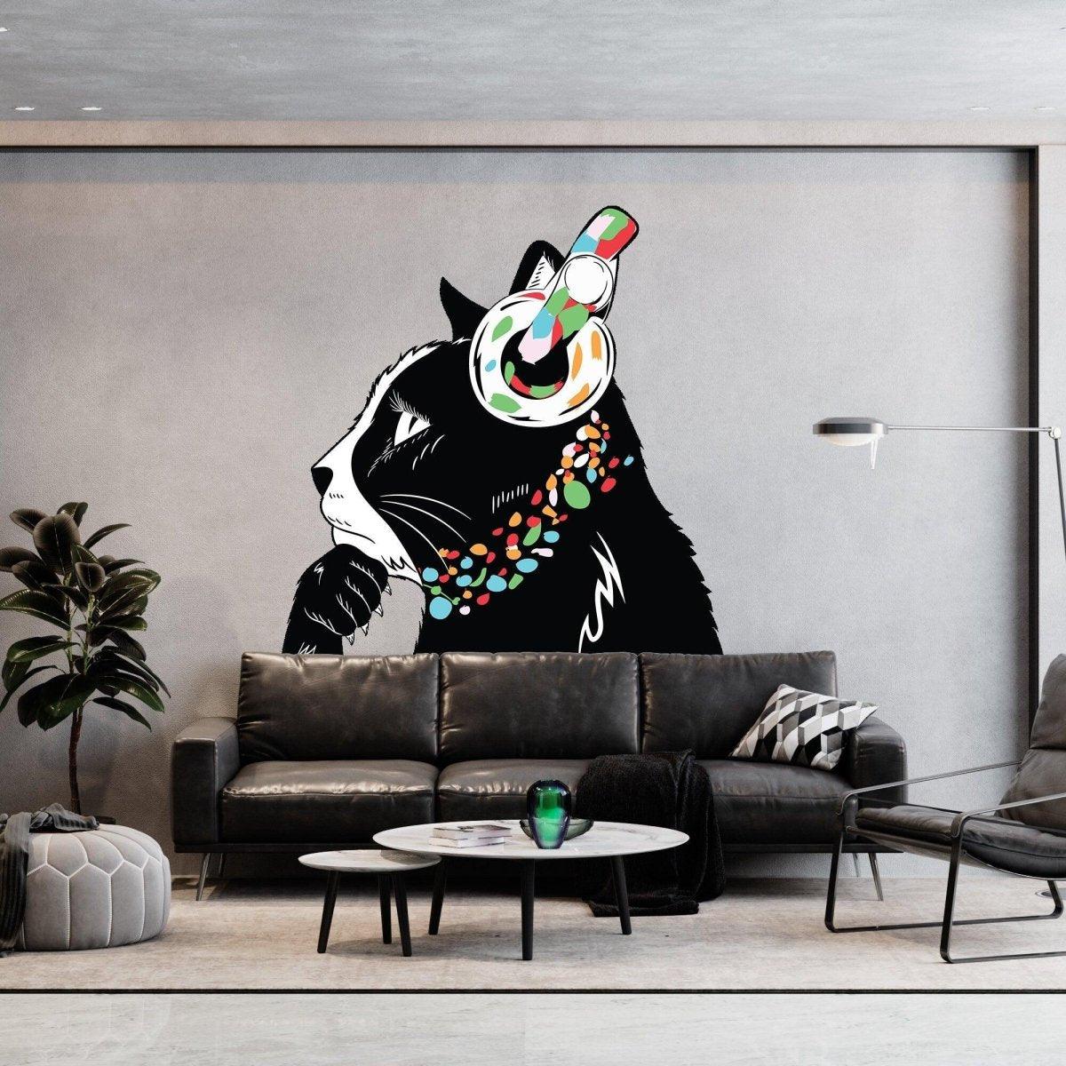 Feline wall sticker decal with headphones and colorful patterns in a modern living room setting.