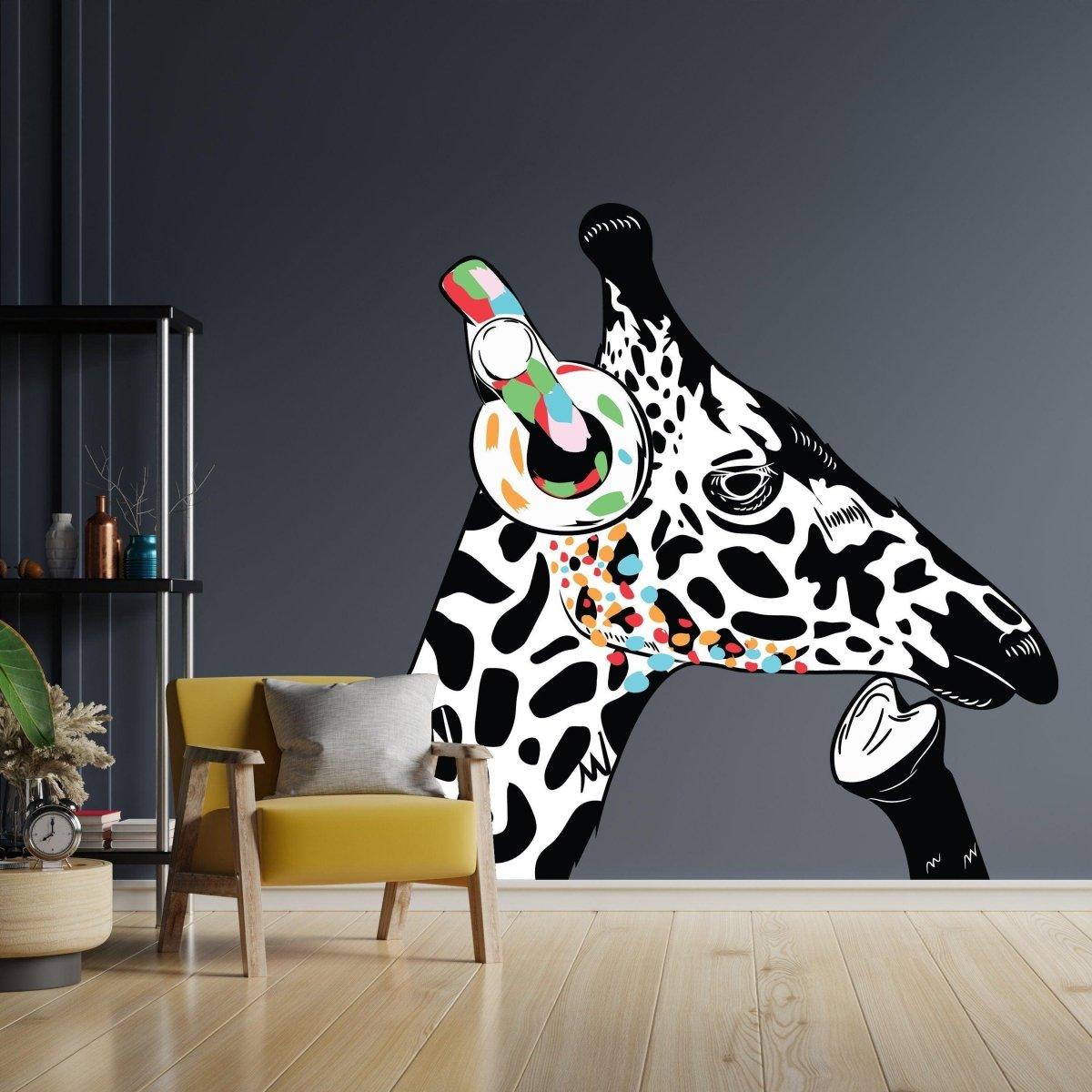 Colorful giraffe wall sticker with headphones and artistic details, perfect for children's room decor.