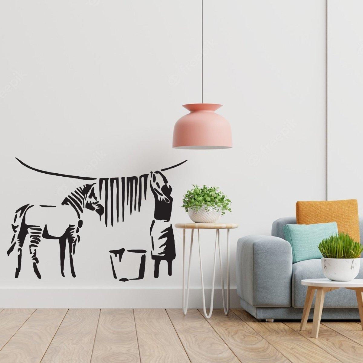 Urban street art zebra stripes wall decal in a stylish laundry room setting.