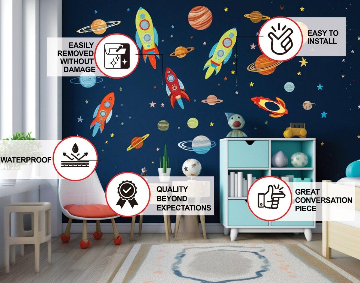 Colorful galaxy-themed wall stickers including rockets and planets, ideal for kids' rooms, easy to install and waterproof.