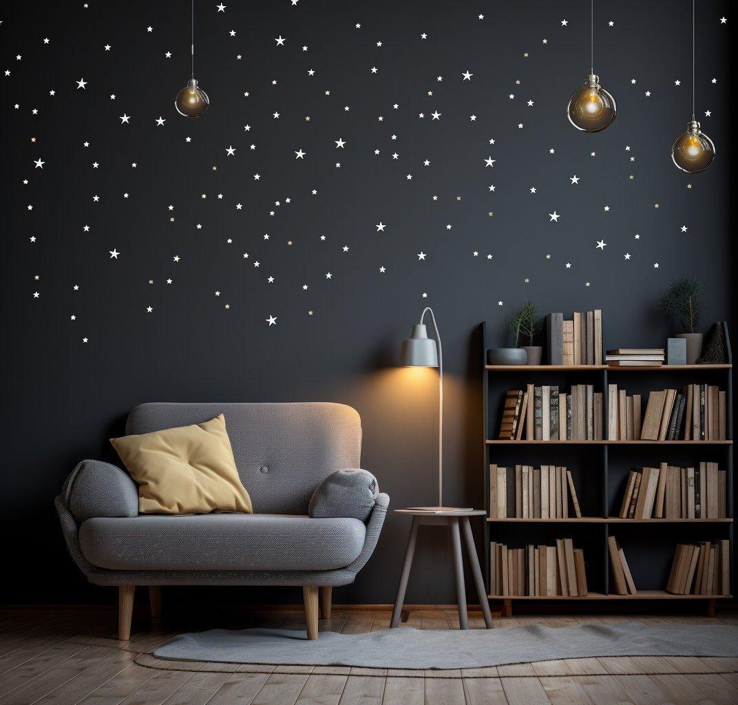 Cozy living room featuring star galaxy wall stickers on a dark wall, with a comfy sofa and bookshelf.