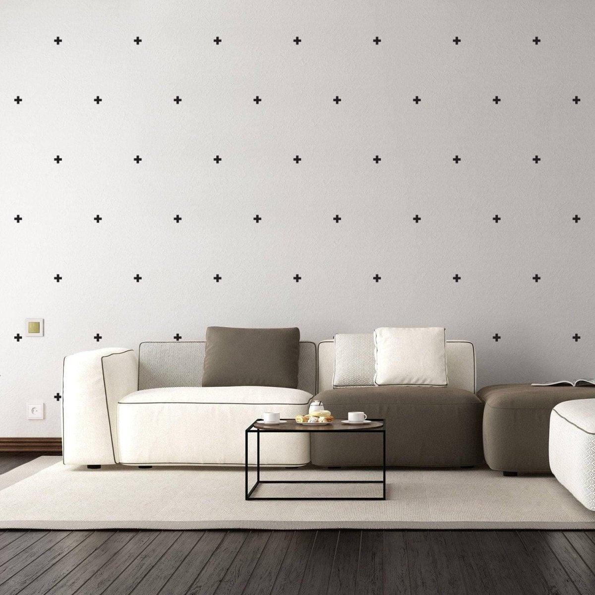 Stylish living room featuring adhesive crossline vinyl wall decals for artistic home decor.