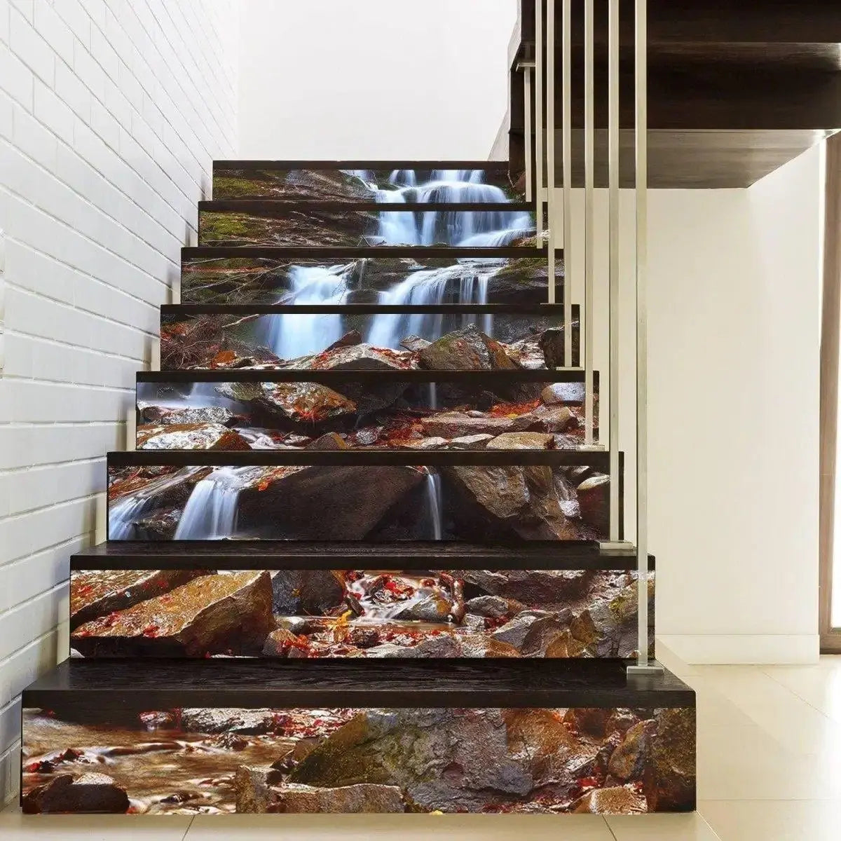 Custom fit stair riser decals featuring a serene waterfall and rock design, perfect for personalized home decor.