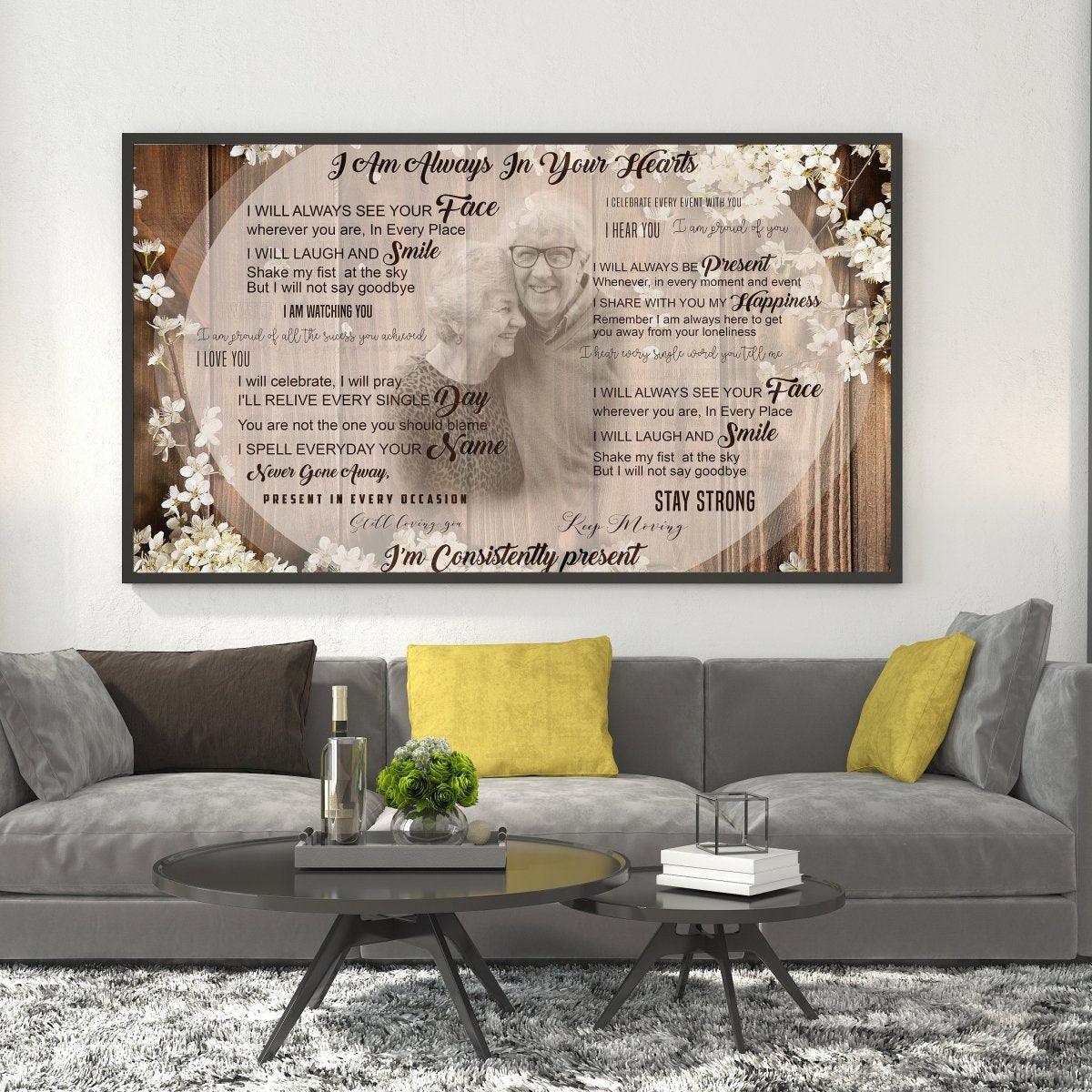 Personalized commemorative canvas artwork displaying heartfelt tribute to a loved one with floral design.