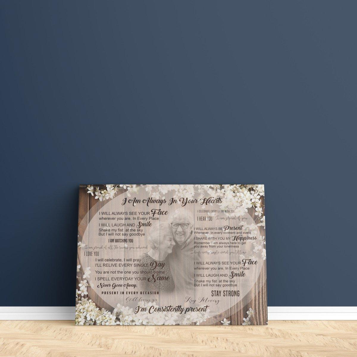 Personalized memorial canvas artwork with heartfelt tribute and floral design, honoring a loved one's memory.