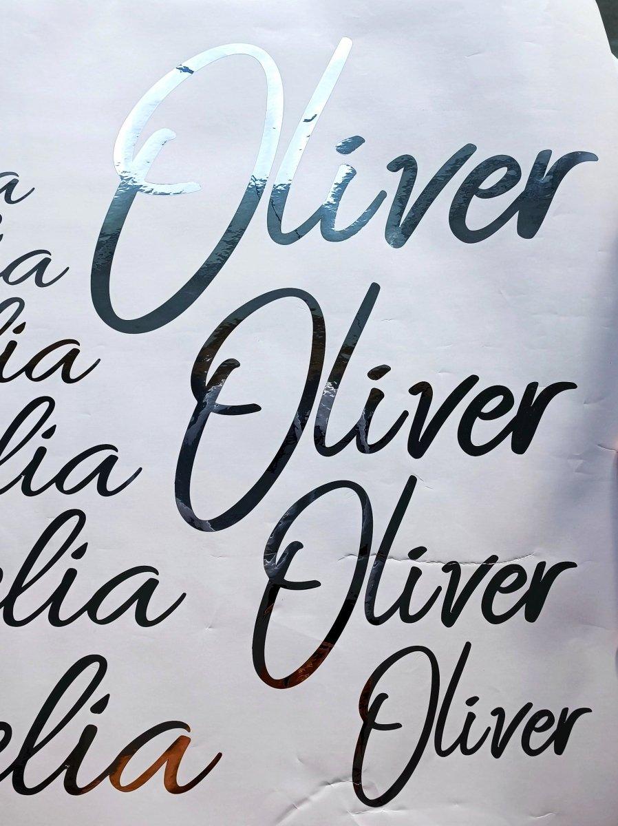Personalized metallic name decals featuring the name Oliver in various stylish fonts and sizes.