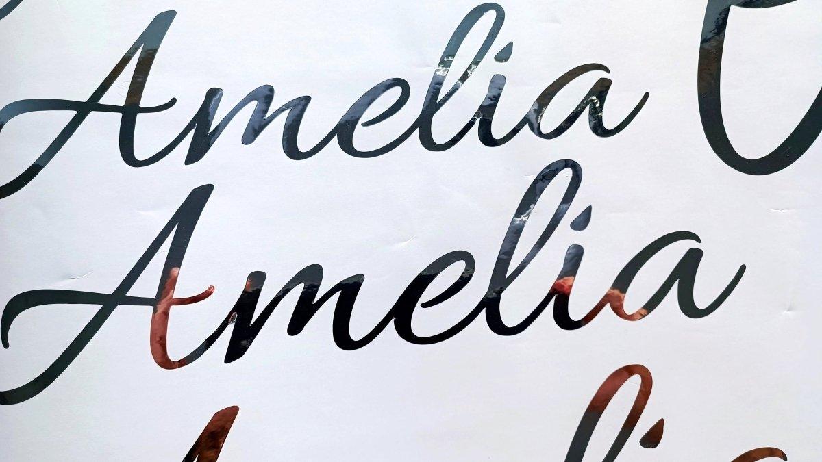 Customizable metallic name decals showcasing the name 'Amelia' in elegant script font.