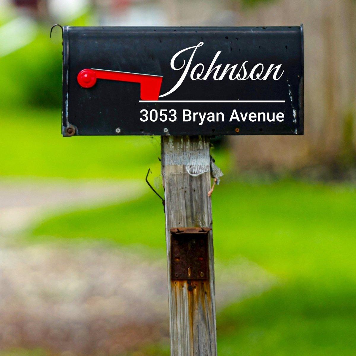 Personalized reflective mailbox decal with the name 'Johnson' and address '3053 Bryan Avenue', enhancing visibility.