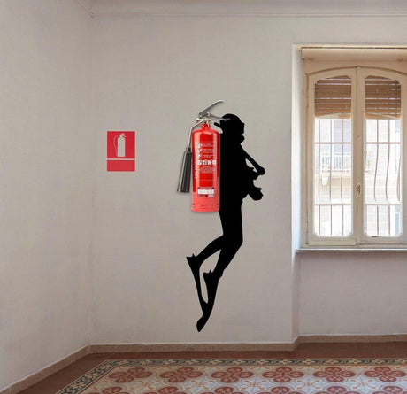 Scuba diver wall sticker decor with fire extinguisher, creating a unique underwater adventure theme in interior space.